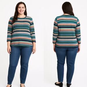 Talbots Woman 3X Petite 100% Cotton Multicolor Stripe Knit‎ Top Casual Chic